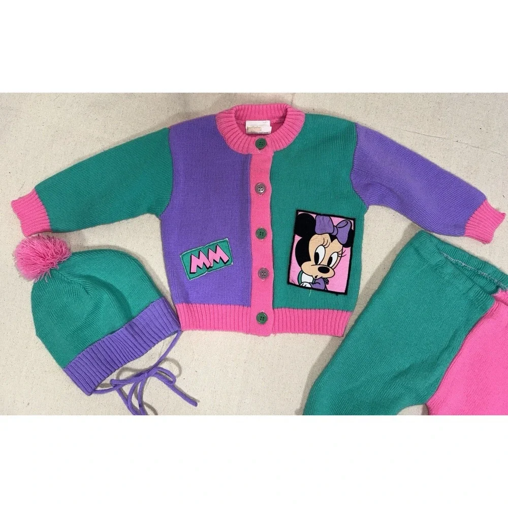 1984 Vtg Disney Babies Minnie Mouse Knit ColorBlock Cardigan Pants Hat Set‎ 0-6M